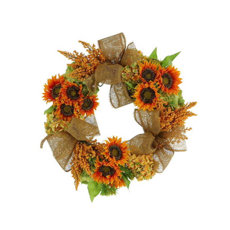 26" Sunflower, Hydrangea And Heather Fall Wreath With Burlap Bows