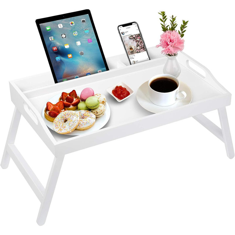 Meruyert Breakfast Tray Bamboo Bed Tray Table With Foldable Legs Multipurpose Lap Tray (White)