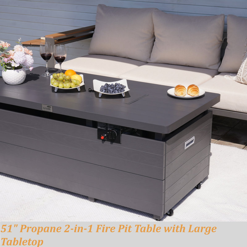 21" H X 51" W Metal Propane Outdoor Fire Pit Table With Lid, Glass Wind Guard, 50,000 BTU Propane Fire Pit Table, Gray