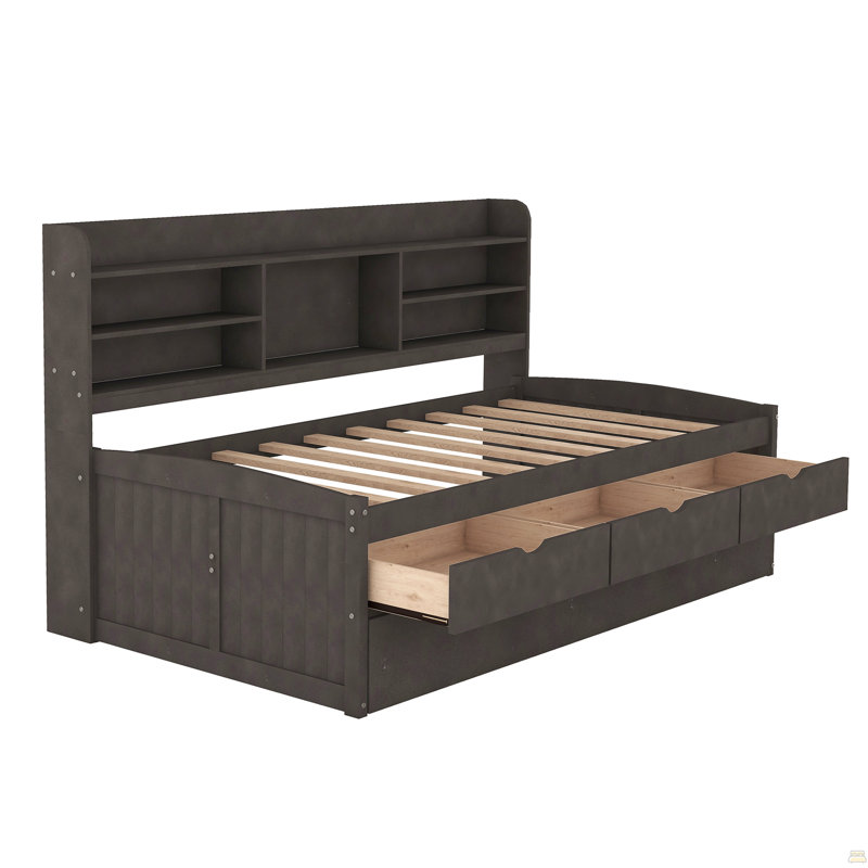 Twin Size Wooden Captain Bed With Built-In Bookshelves,Three Storage Drawers And Trundle