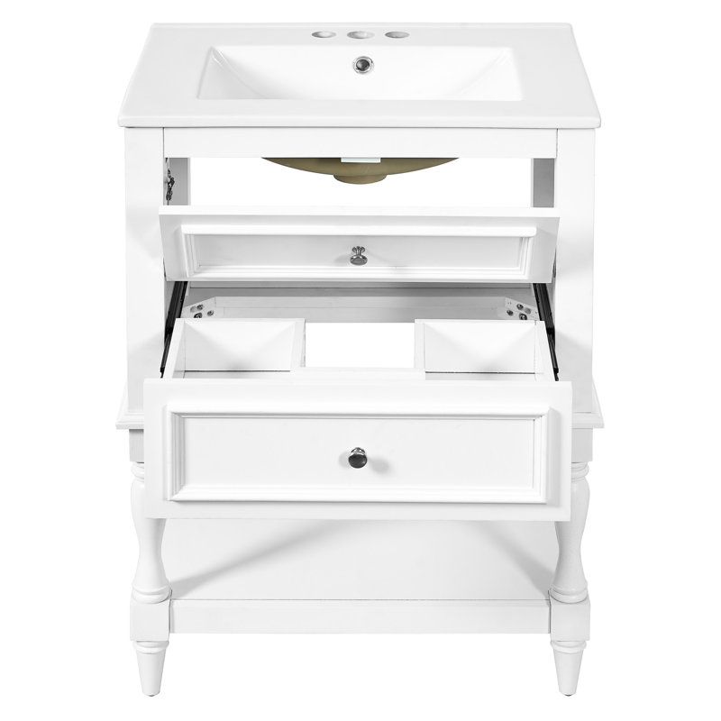 Meuble-lavabo de 24 po avec lavabo en céramique, rangement rétro à 2 tiroirs, tablette ouverte, tablette et tiroirs à finition ultrabrillante