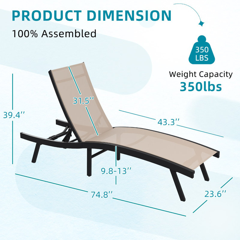 2 PCS All Weather Pool Lounge Chairs Ergonomic Design With Adjustable Backrest, Beige