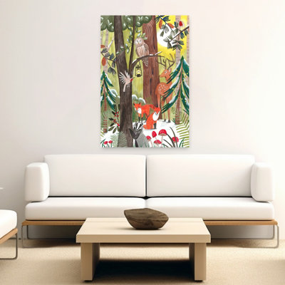 Green Christmas forest with animals Abstract Contemporary Bird Deer Fox Forest Landscape Wall Art Print