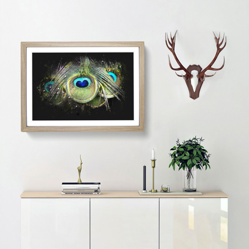 Peacock Feathers - Picture Frame Graphic Art Print, 24cm H x 33cm W x 2cm D, Oak Framed