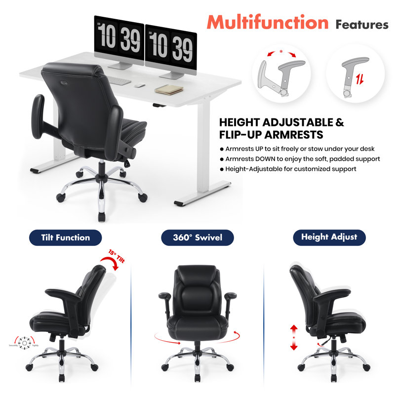 Ergonomic Heavy Duty Comfy Mid-Back Bonded Leather Padded Adjustable-Height/Tilt Office Chair, Comfortable Swivel Rolling Computer Desk Task Office Stool with Functional Arms, Design for Sedentariness and Productivity, Black