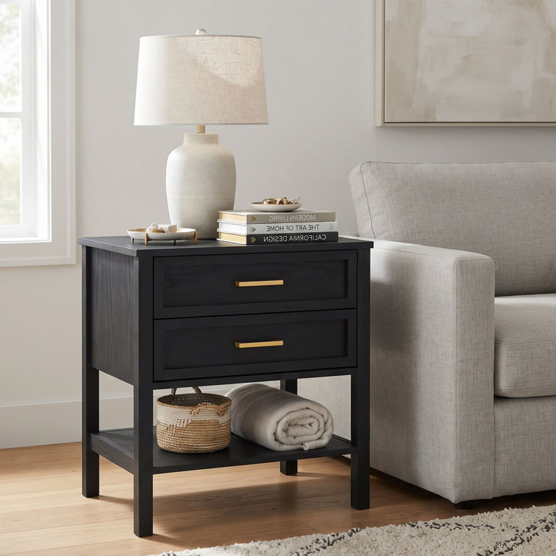 Table de chevet 2 tiroirs Elora, table de chevet avec tiroirs de rangement, table de chevet pour chambre à coucher, table de bout ou table d'appoint pour le salon, P 15,5 po x l 23,6 po x H 24,2 po, noir