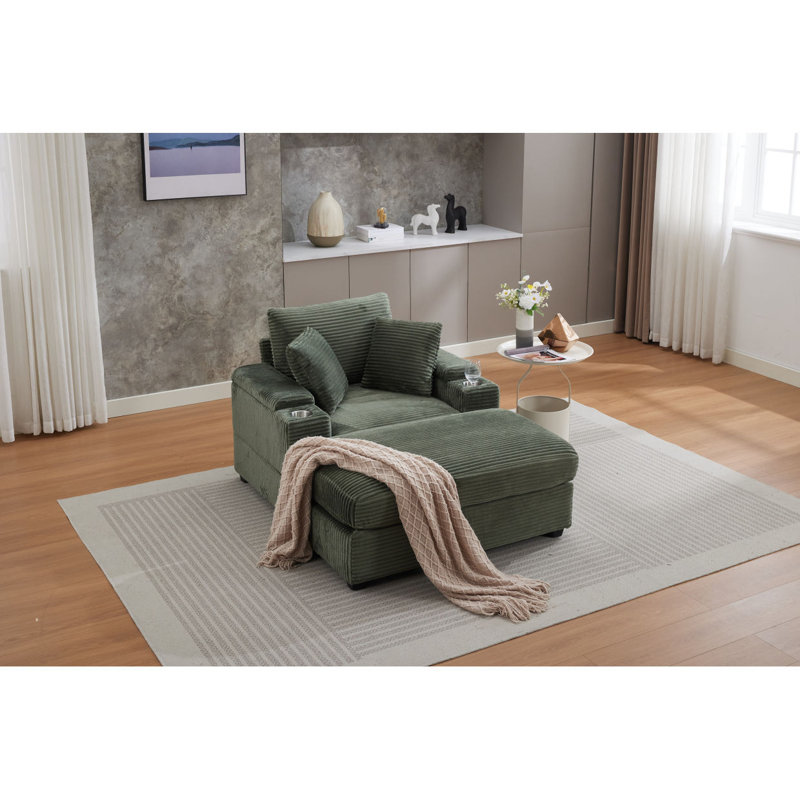 [VIDÉO / Nouveau] Canapé rembourré en velours côtelé avec rangement pour main courante, repose-pieds mobile, porte-gobelets, coussins amovibles, siège profond pour bureau de salon, velours côtelé à larges rayures 3 couleurs