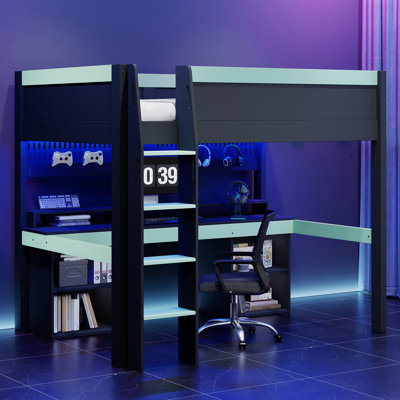 Lit mezzanine avec lumières DEL multicolores et bureau de jeu intégré