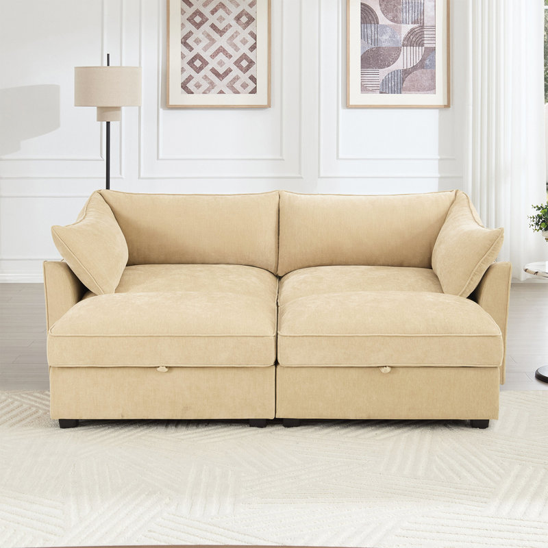 Canapé avec repose-pieds, chaque siège possède un tiroir de rangement coulissant en dessous, un canapé avec repose-pieds de rangement mobile, tissu en chenille