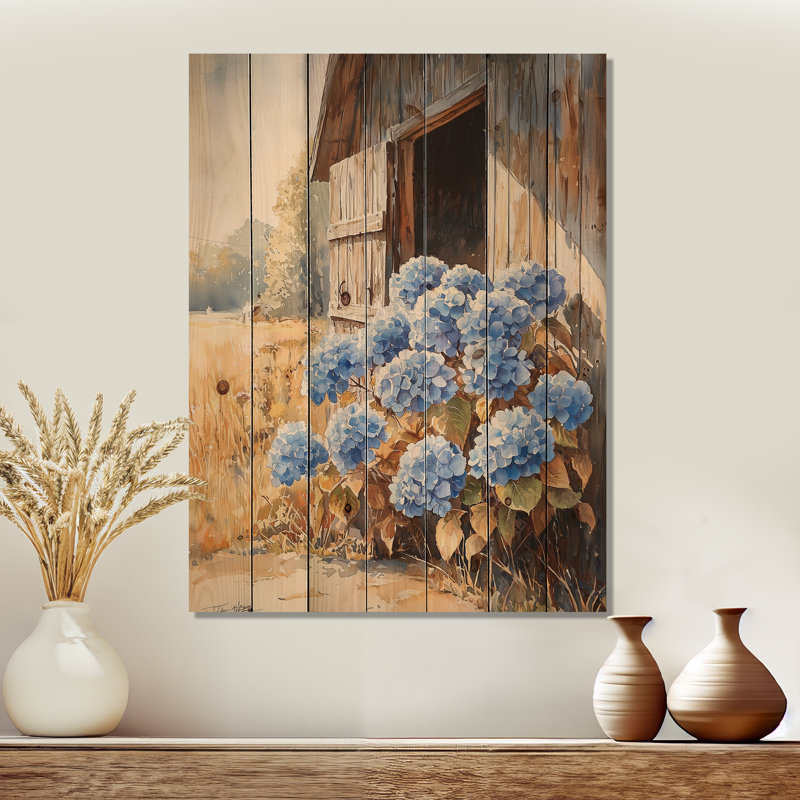 Hydrangeas By The Stable Door I - Hydrangea Wood Wall Decor - On Natural Pine Wood, 20" H x 10" W x 0.78" D