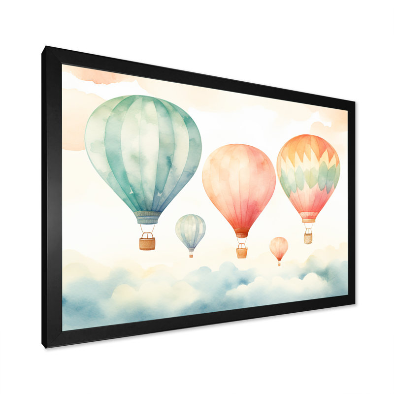Vert et rouge, aquarelle, montgolfière Horizon I - montgolfière, art mural, Cadre d'angle fermé noir