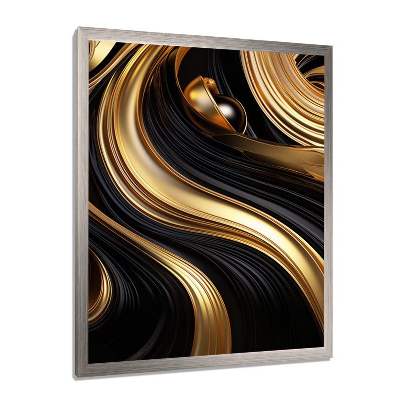 Abstrait or liquide et tourbillon noir I - spirales abstraites, art mural, H 32 po x l 24 po x P 1 po, Cadre simple argenté