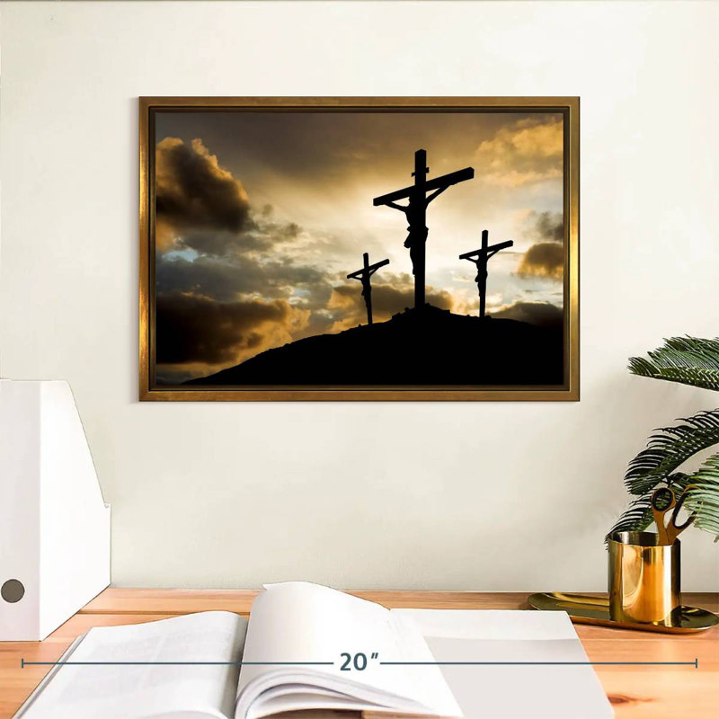 Croix au calvaire, Cadre flottant doré, 13 po x 9 po