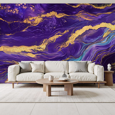 Peel and Stick Wallpaper Abstract Purple Gold Flowing Waves Turquoise Highlights Wall Murals 69"H x 96"W Removable PVC Wall Paper Self-Adhesive Wall Decor for Bedroom Living Room Home Office