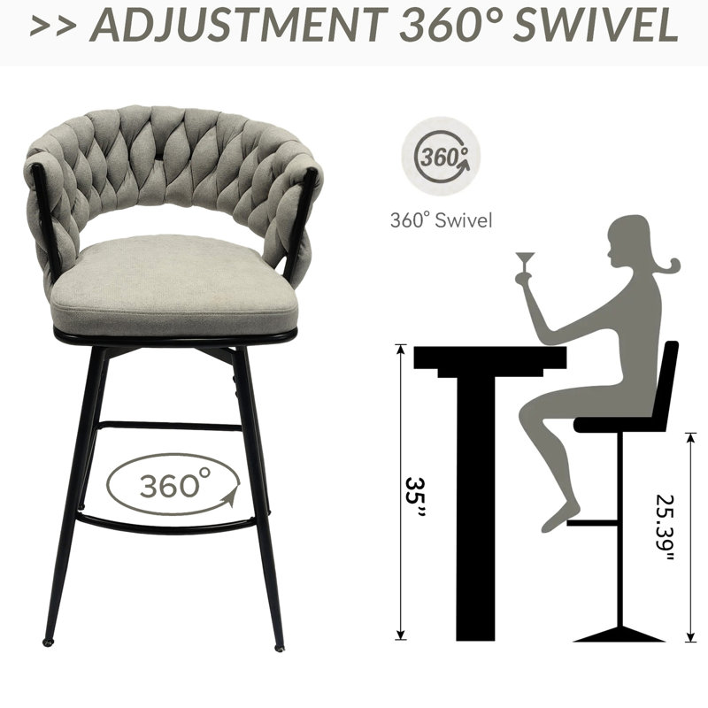 Tabourets de bar gris tissés en lin de 2, 28 po. Fauteuil pivotant à 360 degrés avec support ergonomique relaxant. Convient pour îlot de cuisine, bars, restaurants, 2 tabourets, tissé de 28 po. Soft Great Cafes