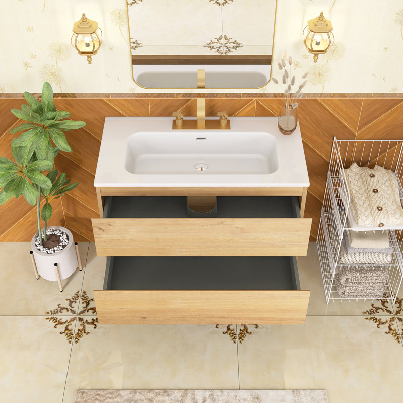 Meuble-lavabo mural simple vasque de 91,2 cm (35,9 po) avec dessus en céramique, Bois naturel