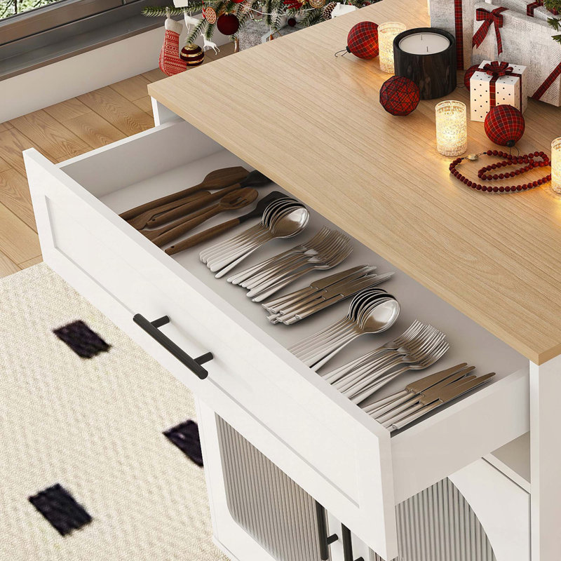 Îlot de cuisine avec table de salle à manger extensible - Comptoir en bois massif 80 po, prise de courant, chariot de rangement avec armoire et tiroirs