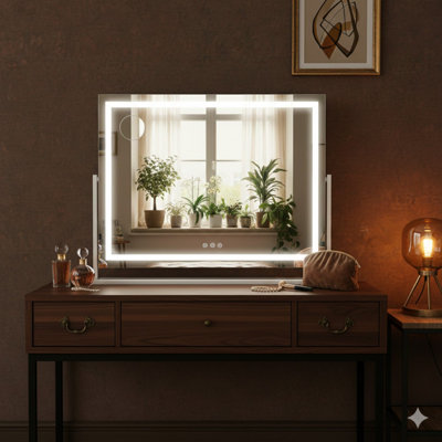 Miroir de salle de bain avec lumières, miroir de maquillage éclairé de 34 po x 26 po, écran tactile avec éclairage tricolore, à intensité variable pour meuble-lavabo de table carré blanc