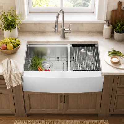33'' L x 22'' W Farmhouse Stainless Steel Workstation Kitchen Sink, 60/40 Double Bowl Kitchen Sink with Sink Grid, Strainer, Cutting Board, Colander and Roll-up Rack