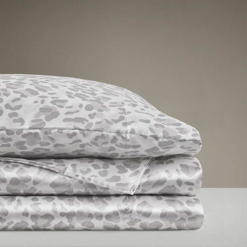 Ensemble de draps de luxe imprimés en satin infroissable, Ensemble de draps pour lit double + 2 taies d'orei, Gris / léopard