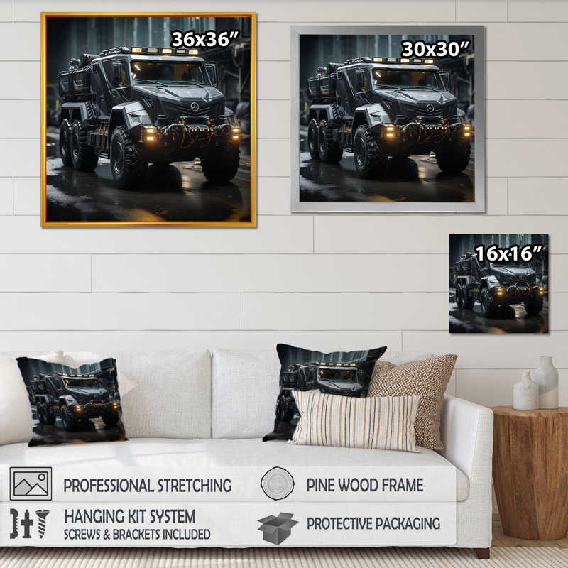 Au noir, camion militaire sur toile, Cadre simple noir, H 16 po x l 16 po x P 1 po