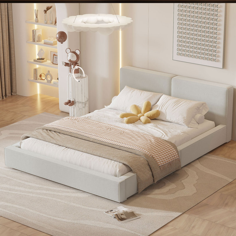 Grand lit plateforme tapissier avec tissu velours, Beige