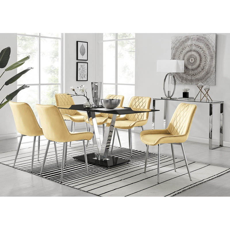 Ransart Modern Luxury Glass & Metal Dining Table Set With 6 Luxury Velvet Dining Chairs, Black, Navy/Gold, Black/Silver
