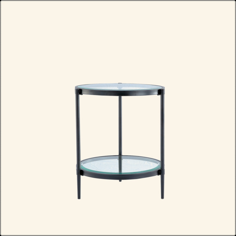Table basse élégante et minimaliste, verre trempé transparent et cadre industriel noir mat