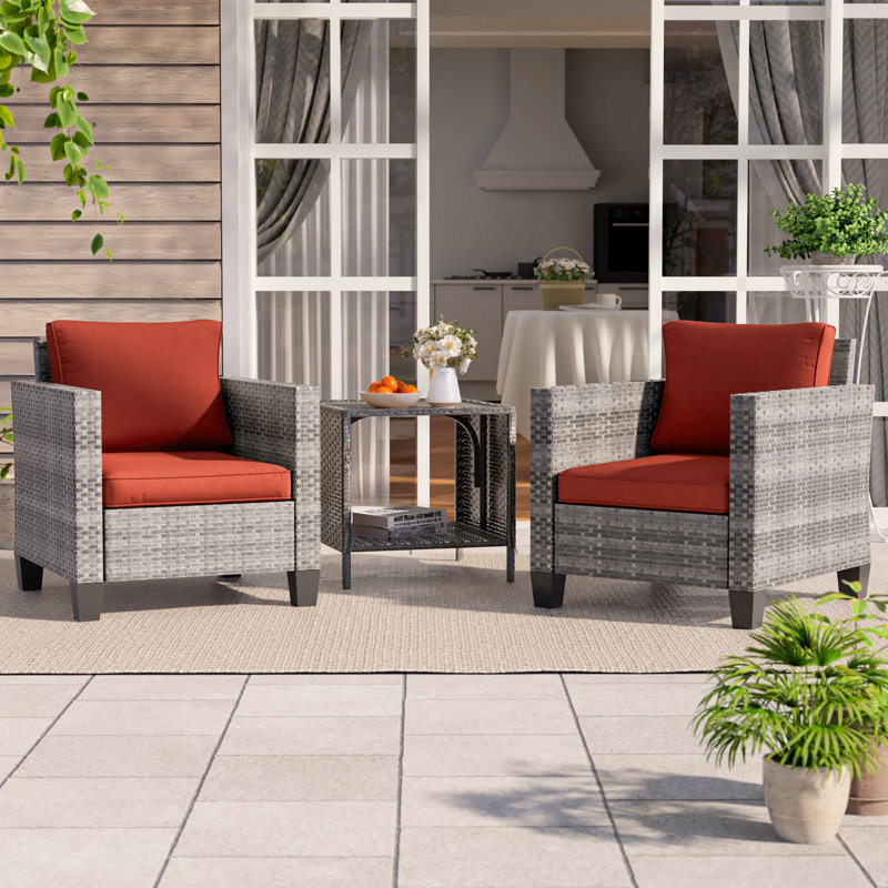 Olatayo Wicker 2 - Person Patio Conversation Set with Cushions, Gray, Brick Red