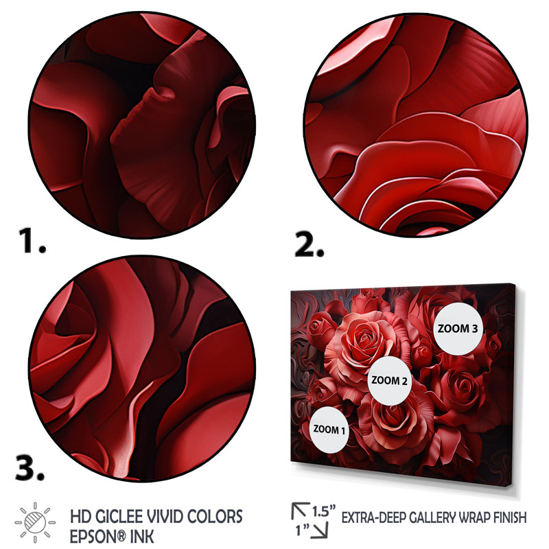 «Red Classic Rose Resson II - Roses», art mural, Cadre flottant blanc, H 24 po x l 32 po x P 1 po