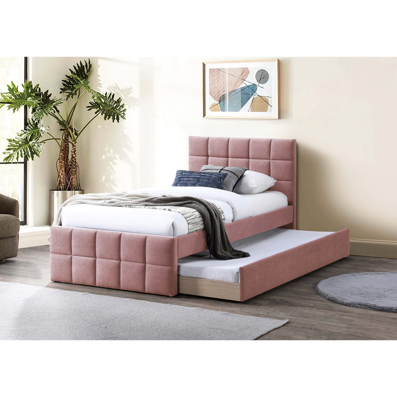 Full Size Pink Bed With Trundle And Upholstered Headboard In Grid Pattern For Contemporary Bedroom Decor