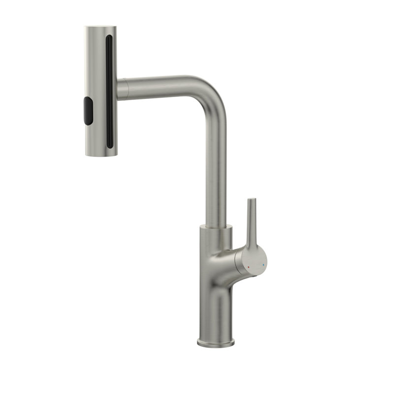 Robinet de cuisine rotatif rétractable Abuzer 360 en nickel brossé, 4 options de jet pour différents besoins, contrôle des éclaboussures, cartouche en céramique à fonctionnement doux, ensemble d'installation complet, nickel de style contemporain