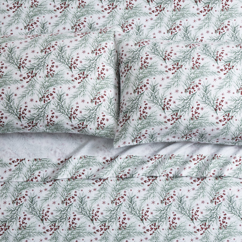 Pine Triple Brushed Cotton Flannel Bed Sheet Set, Red, Twin Sheet Set with Fitted Sheet and 1 Pillowcase