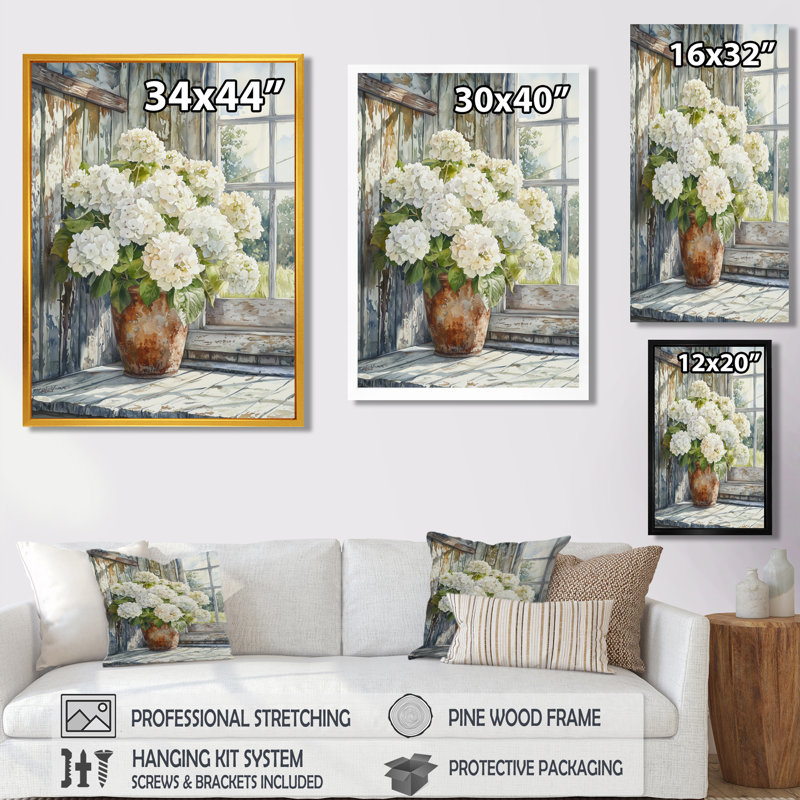 Grange hortensias dans la brise de l'été - art mural hortensias, H 32 po x l 24 po, Impression encadrée flottante, Brun