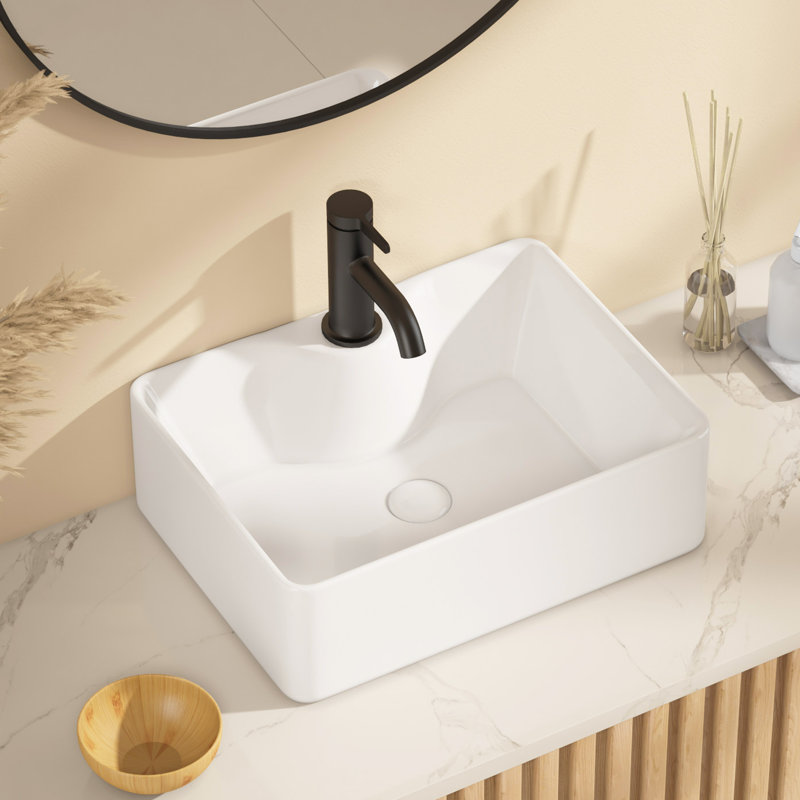 16" W x 12" D Rectangular Vitreous China Vessel Bathroom Sink with Faucet Hole