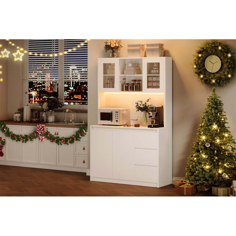 Grand garde-manger autoportant moderne avec tablettes réglables, portes en verre, tiroirs, huche de rangement pour salle à manger, blanc