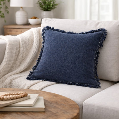 Linen Throw Pillow with Hand Worked Edges & Fringe | 22X22"