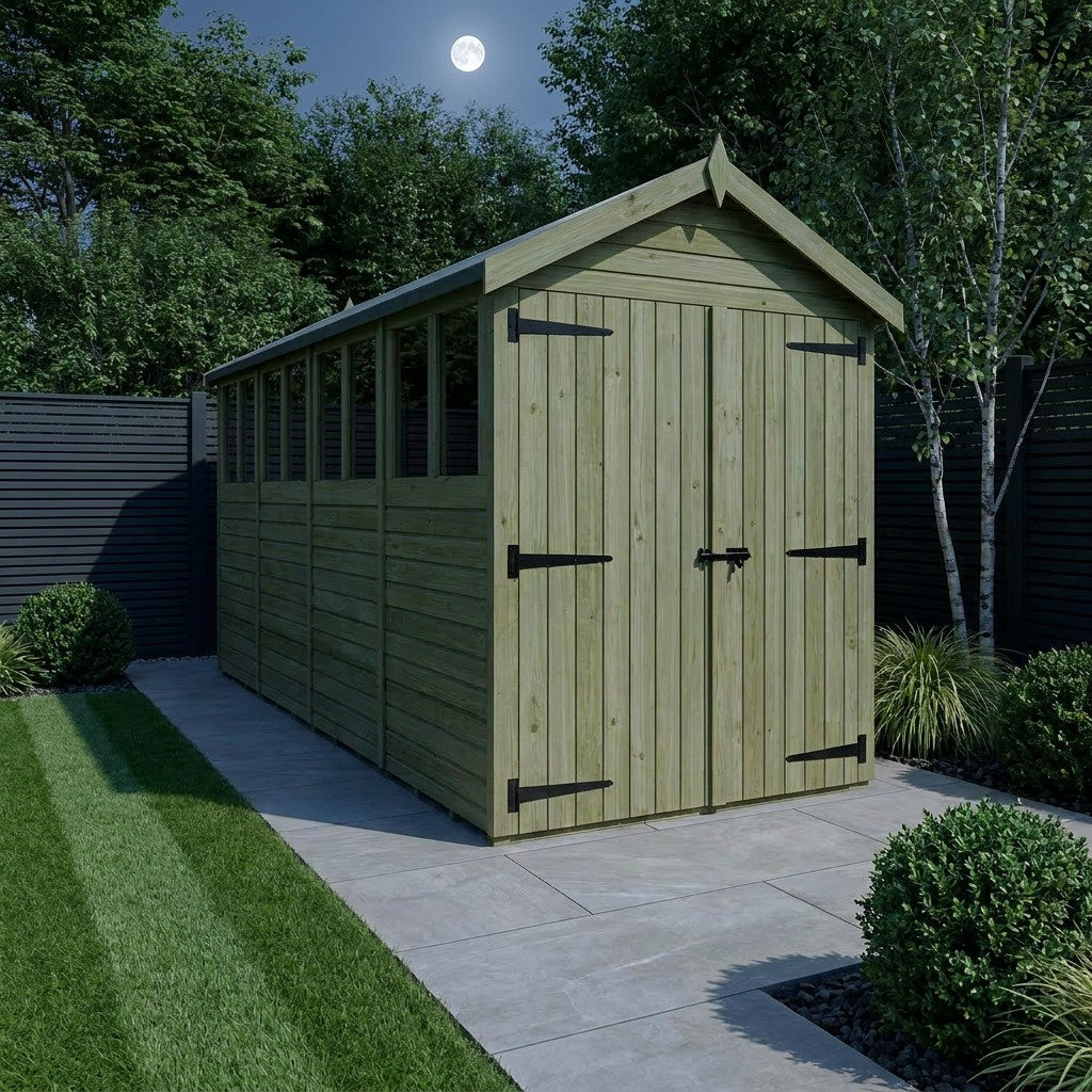 Total Sheds 4ft x 19ft Apex Garden Shed - Double Door - With Windows - Pressure Treated Timber - UK Manufactured