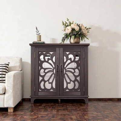 Elegant Dark Brown Sideboard with 2 Acrylic Mirrored Doors, Hollow-Carved Butterfly Accent & Adjustable Storage