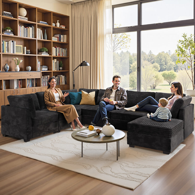 Hogle Modern Modular U-Shaped Sectional Plush Corduroy Sofa With Movable Ottoman, Wide Deep Seats For Living Room