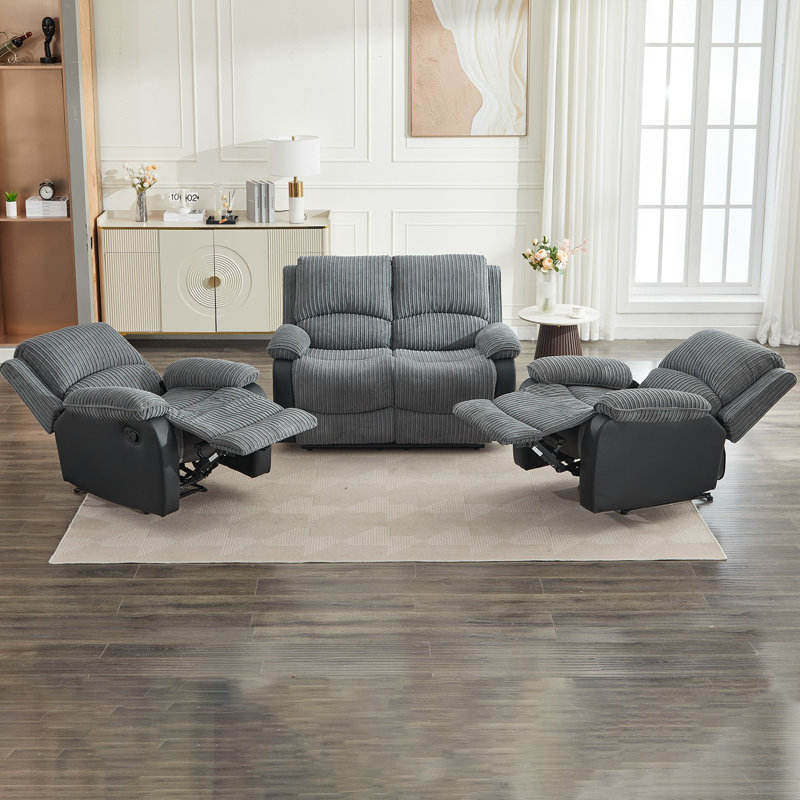 Reclining Sofa Sectional Recliner Plush Corduroy Couches Set Sofa, Manual - Push Button