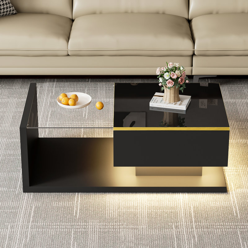 Modern Led Coffee Table - High-Gloss With Tempered Glass Top & Bluetooth Lighting (90X50Cm), Black