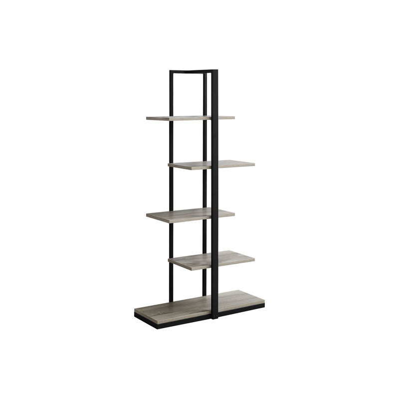 Bibliothèque asymétrique avec tablettes de présentation taupe et base en métal noir à 5 niveaux aspect bois