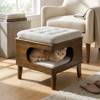 Lit-pouf 2 en 1 pour chat, 50 cm L x 50 cm l x 51 cm H, en tissu et bois d'hévéa, monobloc, avec dessus capitonné couleur noyer et niche de rangement dissimulée.