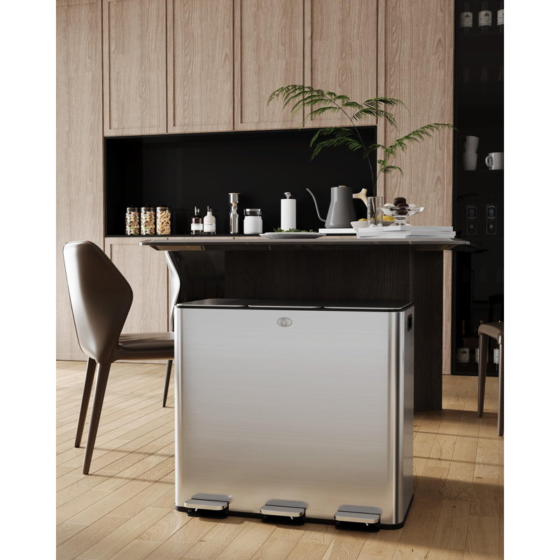 15 Gallon Triple Compartment Stainless Steel Kitchen Trash Can For Recycling