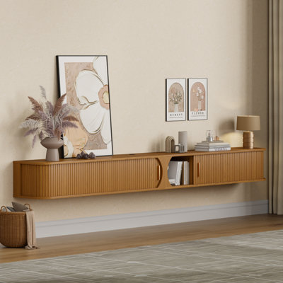 Meuble télé 94,8 po avec portes tambour rondes, console multimédia murale avec rangement et lumières RVB pour téléviseurs de 100 po ou moins