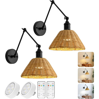 Battery Operated Wall Sconces Set Of 2 With Remote Control, Wireless Rattan Sconce Lighting With Adjustable Brightness & Color Temperature, Easy Install No Wiring Required For Bedroom Living Room
