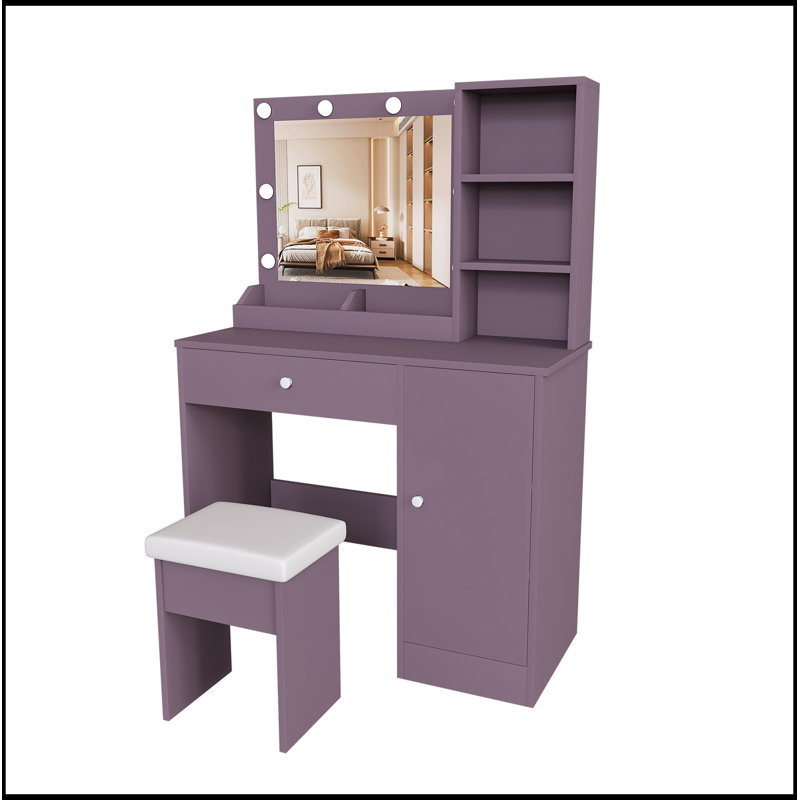 Ensemble de coiffeuse avec tabouret rembourré et miroir lumineux réglable