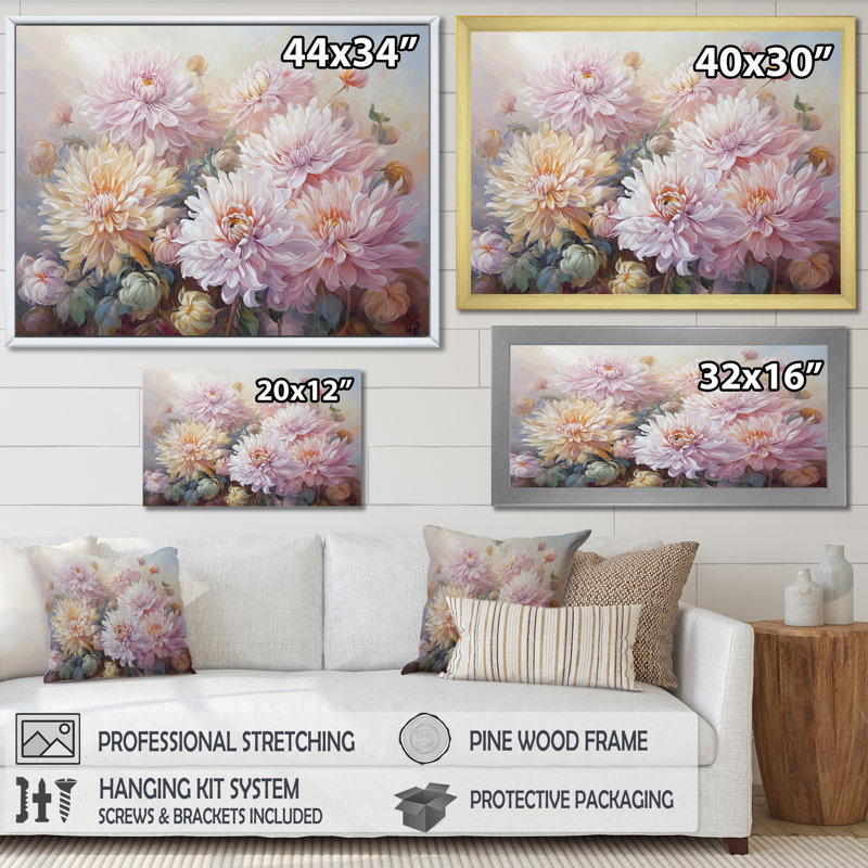 Reproduction d'art sur toile rose et mauve, Cadre flottant doré, H 16 po x l 32 po x P 1 po
