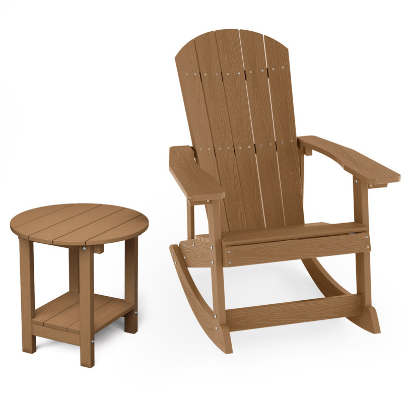 Outdoor Plastic Rocking Adirondack Chair With Side Table, Teak